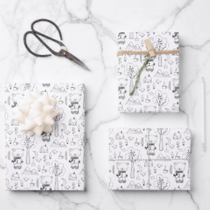 Kid Christmas Black & White Winter Teddy Bears Wrapping Paper Sheet