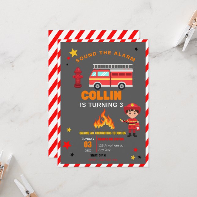 Kid fire truck birthday invitation (Front/Back In Situ)