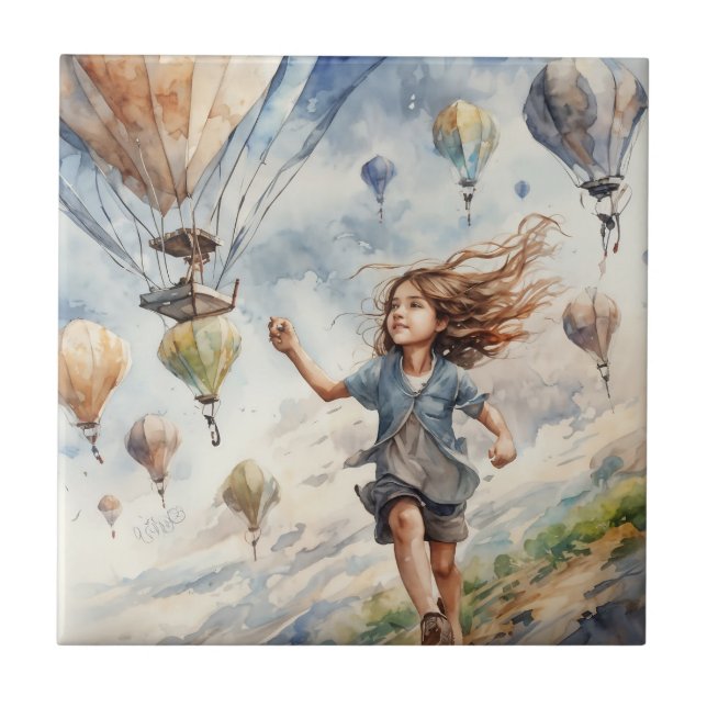 kid flying kites ceramic tile (Front)