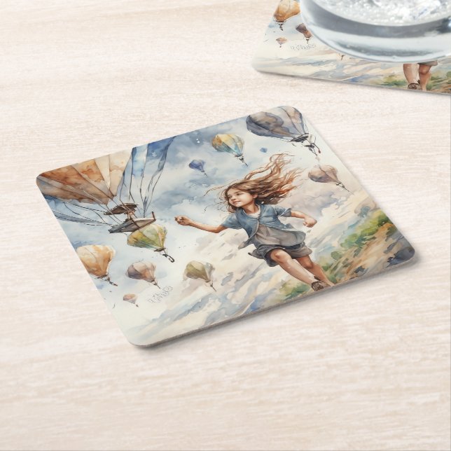 kid flying kites square paper coaster (Angled)