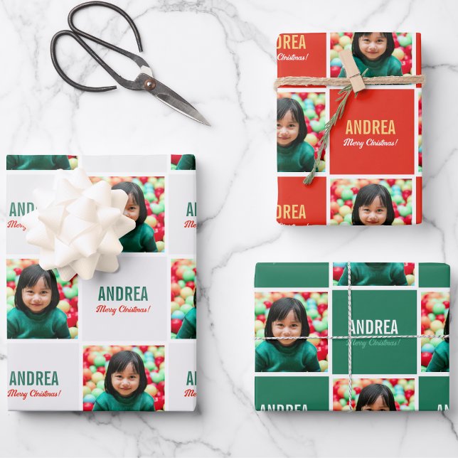 Kid Girl Boy Custom Photo & Name Picture Christmas Wrapping Paper Sheet (Creator Uploaded)