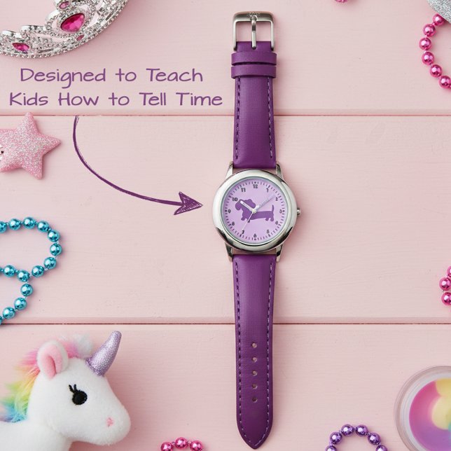 Kid Girls Purple Dachshund Learning Time Watch (learn to tell time dachshund watch)