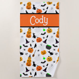 Kid Halloween Ghost Pumpkin Black Cat Personalise  Beach Towel