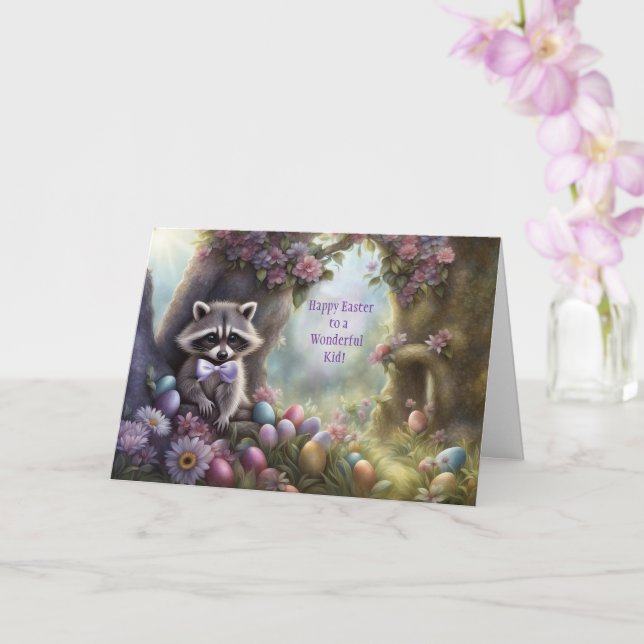 Kid Happy Easter Cute Raccoon and Easter Eggs Card (Orchid)