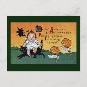 Kid on Cat and JOL Signposts Vintage Halloween Postcard