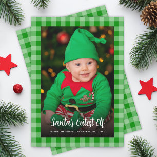 Kid Photo Green Plaid Santa's Cutest Elf Christmas Holiday Card