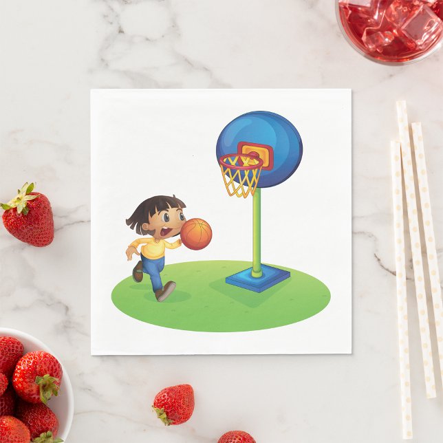 Kid Playing Basketball with Hoop Fun Sports Napkin (Creator Uploaded)