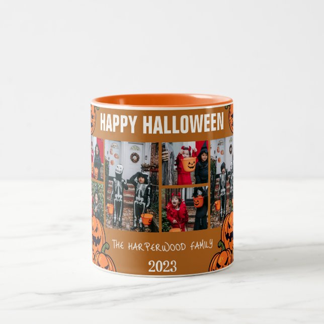 Kid pumpkin jack-o-lantern Halloween Photo Collage Two-Tone Coffee Mug (Center)
