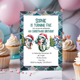 Kid`s Mermaid 5th Christmas Birthday Invitation