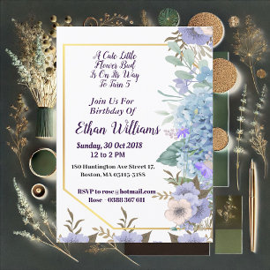 Kid Soft Blue Little Flower Bud Hydrangea Birthday Invitation