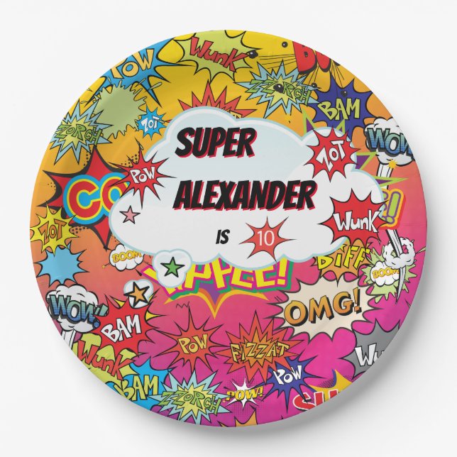 Kid Superhero Awesome Comic Birthday Paper Plate (Front)