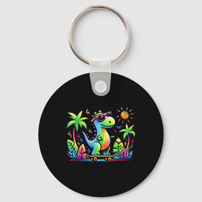Kidcore Aesthetic Dinosaur Skateboarding Doodle Al Key Ring (Front)