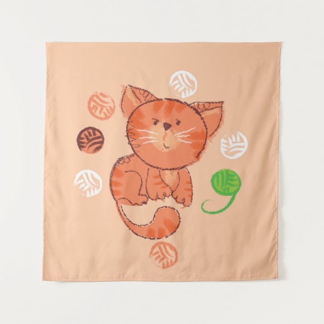 Kiddy red toy cat seamless pattern tapestry (Front)
