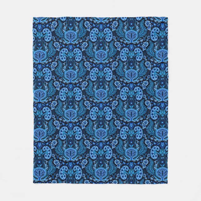 Kidney Damask in Navy Blue Fleece Blanket (Front)