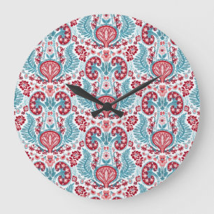 Kidney Damask in Red/Teal Large Clock