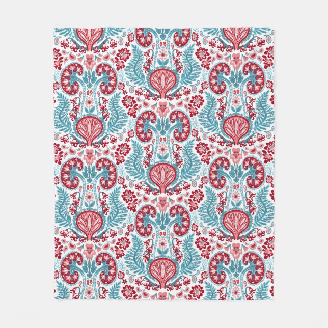 Kidney Damask Red and Teal Fleece Blanket (Front)