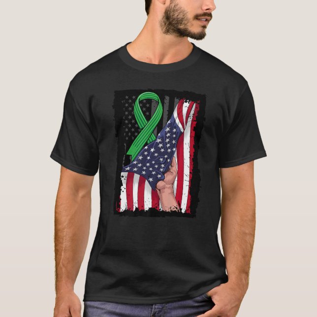 Kidney Disease Awareness American Flag Green Ribbo T-Shirt (Front)