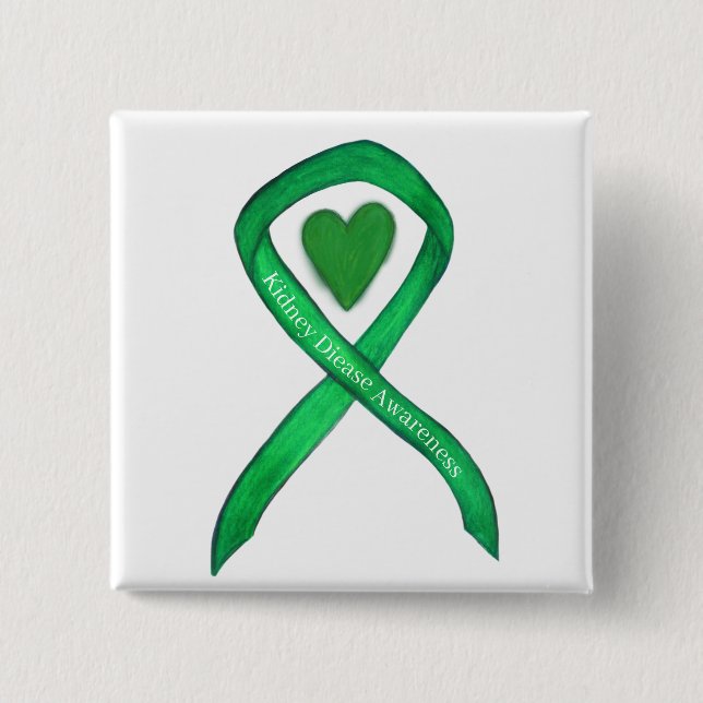 Kidney Disease Awareness Green Ribbon Custom Pin (Front)
