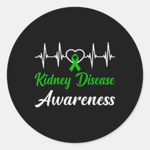 Kidney Disease Awareness Love Heartbeat Green Ribb Classic Round Sticker