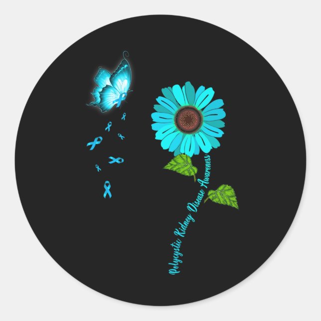 Kidney Disease Awareness Teal Butterfly Sunflower  Classic Round Sticker (Front)