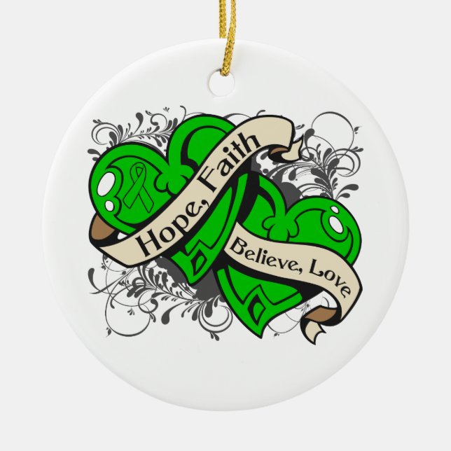 Kidney Disease Hope Faith Dual Hearts Ceramic Tree Decoration (Front)