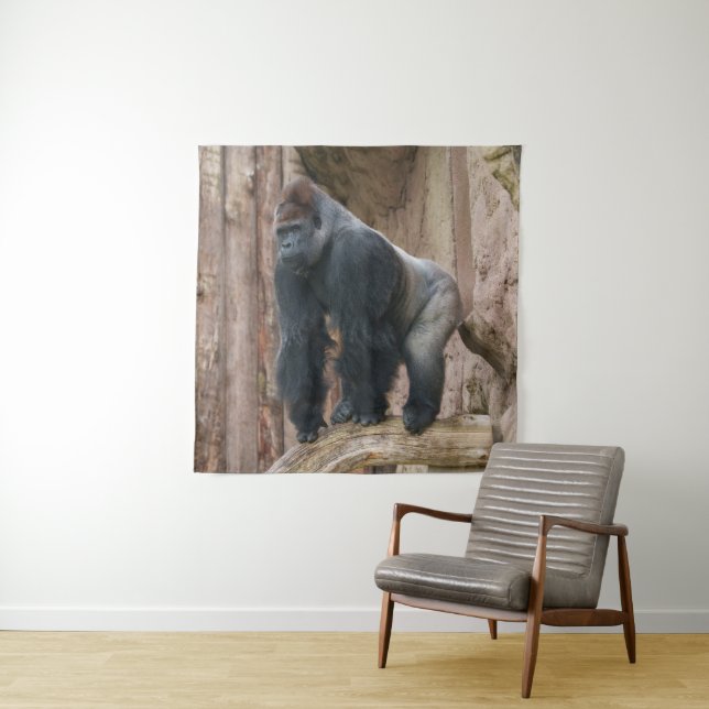 Kidogo the Silverback Striking a Pose on a Log Tapestry (In Situ)