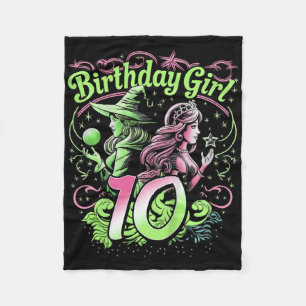 Kids 10th Birthday Witch Pink And Green 10 Year Ol Fleece Blanket