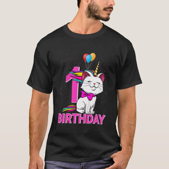 Kids 1 Birthday Girl Caticorn  Cute Cat Love T-Shirt (Front)