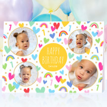 Kids 1st Birthday Cute Rainbow Photo Hearts Yellow