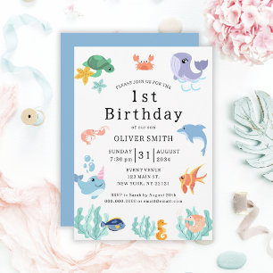 Kids 1st Birthday Party Sea Animals Invitation