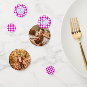 Kids 1st Birthday Photo Pink Gingham Fish Confetti