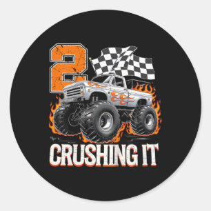 Kids 2 Crushing It Monster Truck Cool 2nd Birthday Classic Round Sticker