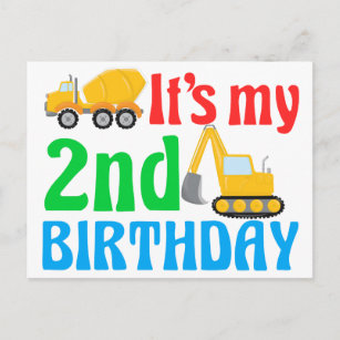 Kids 2nd Birthday Boy Construction Vehicle Postcard