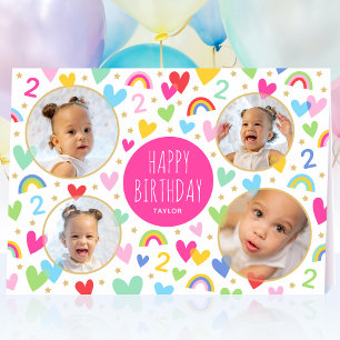 Kids 2nd Birthday Cute Rainbow Photo Hearts Pink Card