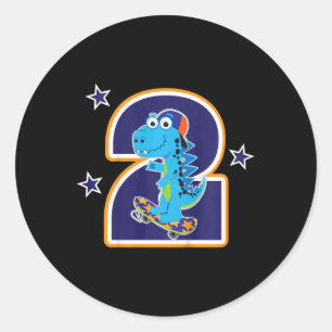 Kids 2nd Birthday Funny Dinosaur Skateboarding 2 Y Classic Round Sticker