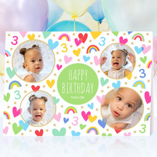 Kids 3rd Birthday Cute Rainbow Photo Hearts Green Card