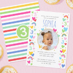Kids 3rd Birthday Cute Rainbow Photo Hearts Green Invitation<br><div class="desc">Celebrate the magic of turning three with these cute and colourful party invitations! A fun design personalised with your child's photo and lots of rainbows, hearts and stars. All the text can be customised, so you can include the information you want. The all-important birthday age is repeated throughout the pattern...</div>