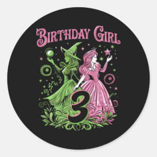 Kids 3rd Birthday Witch Pink And Green 3 Years Old Classic Round Sticker