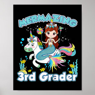 Kids 3rd Grade Mermaid Riding Unicorn Byck To Scho Poster