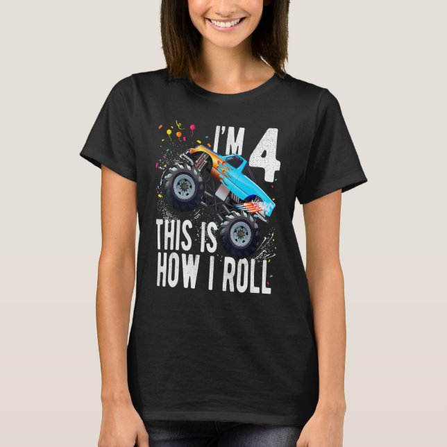 Kids 4 Year Old  4th Birthday Boy Monster Truck Ca T-Shirt (Front)