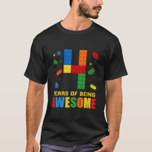 Kids 4 Year Old Birthday Boy Being Awesome Buildin T-Shirt