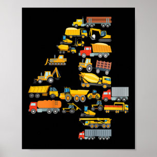 Kids 4th Birthday Boy Construction Excavator Vehic Poster