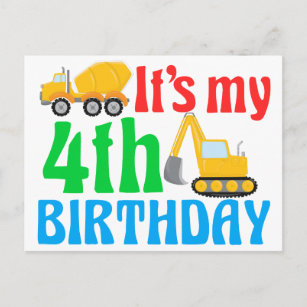 Kids 4th Birthday Boy Construction Vehicle Postcard