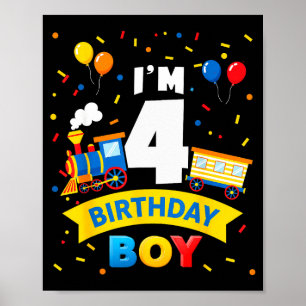 Kids 4th Birthday Boy Train Four 4 Year Old Birthd Poster
