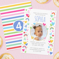 Kids 4th Birthday Cute Rainbow Photo Hearts Blue