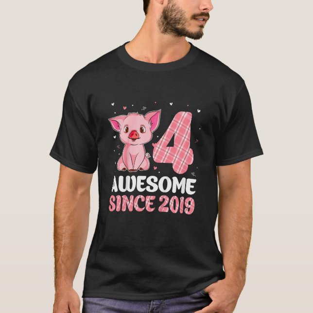 Kids 4th Birthday  For Girls Pig  Awesome Since 20 T-Shirt (Front)