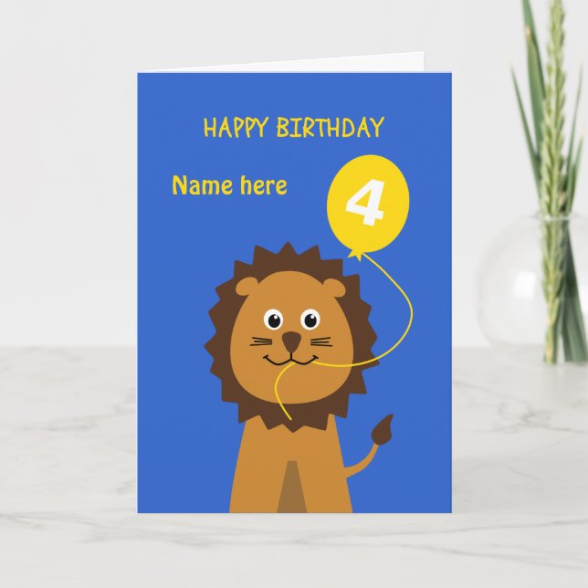 Kids 4th birthday lion add name blue card (Front)