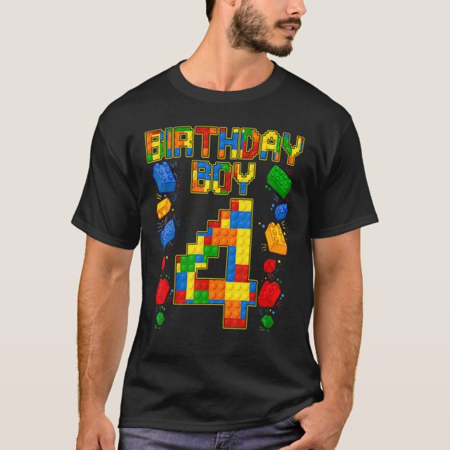Kids 4th Birthday Master Builder 4 Years Old Block T-Shirt (Front)