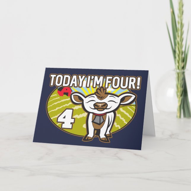 Kid's 4th Birthday Today I'm Four! Cute Cow Card (Front)