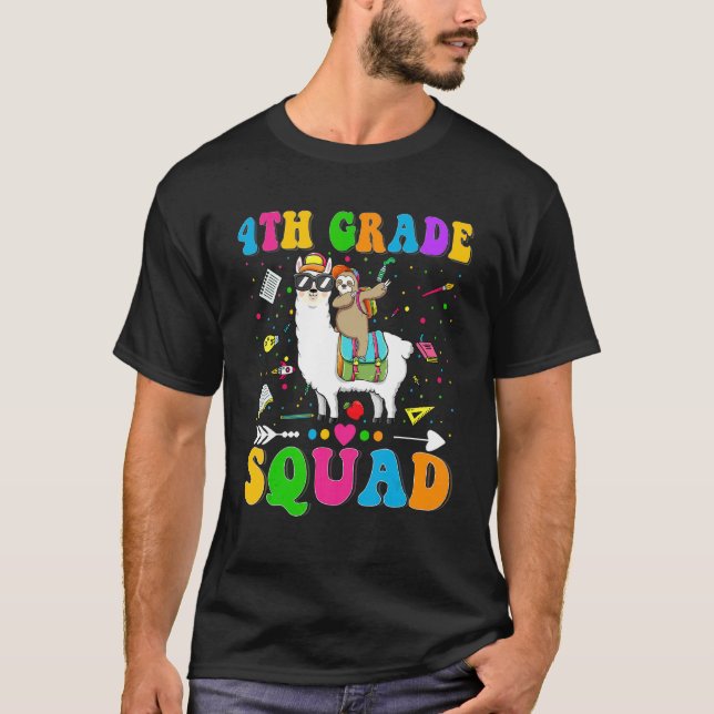 Kids 4th Grade Squad Fourth Grade Llama Sloth Back T-Shirt (Front)